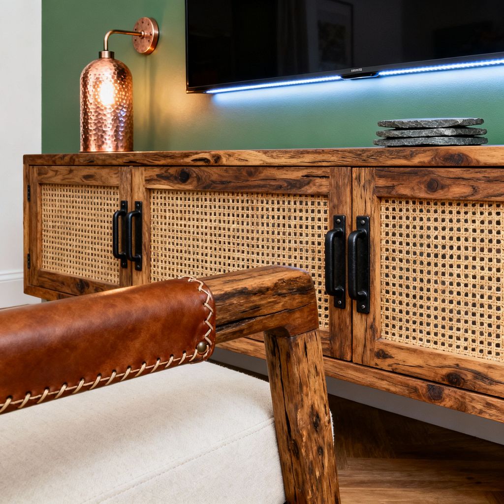 Close-up of a rustic media room showing a reclaimed-wood console with woven cane door fronts and black iron handles. A wall-mounted TV glows with a blue LED backlight above a deep green wall. To the left, a hammered copper wall sconce provides warm light. In the foreground, a wood-framed chair features a saddle-brown leather arm with visible stitching and a cream linen seat. A small stack of slate coasters sits on the console; wood flooring runs in a herringbone pattern.