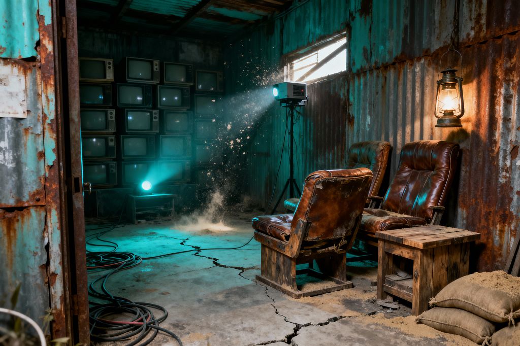 Inside a rusted corrugated-steel shelter, two worn leather lounge chairs face a wall of stacked vintage CRT televisions as a tripod projector cuts a teal beam through drifting dust. The cracked concrete floor, reclaimed wood side table, coiled cables, sandbags, and a hanging kerosene lantern casting warm light create a gritty, bunker-like media room with turquoise patina on the metal walls and a narrow slit window brightening the scene.