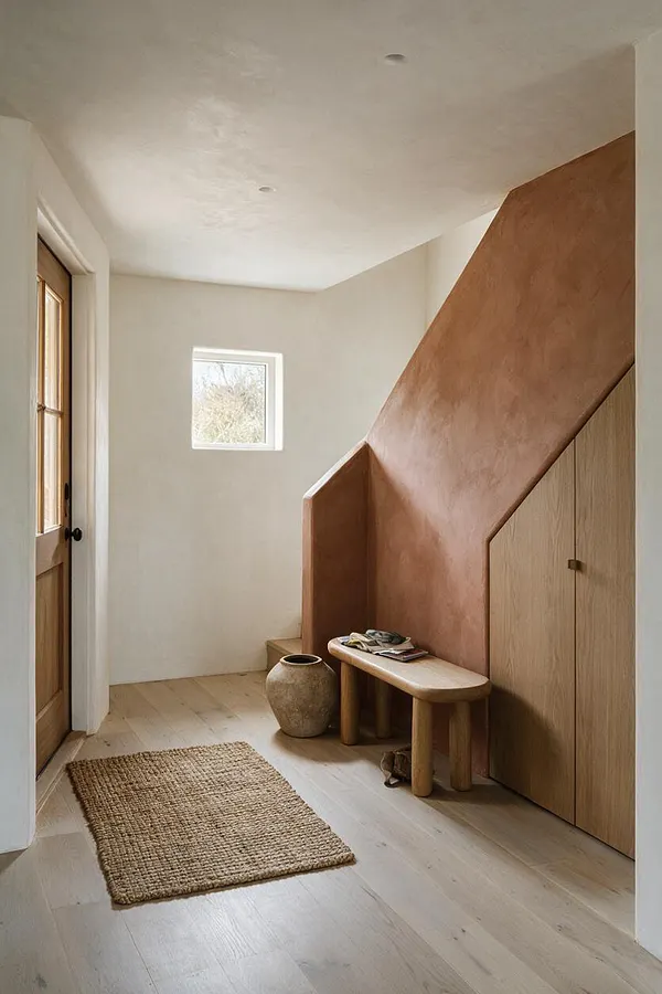 A serene entryway with light wood floors, white plaster walls, and a warm clay-colored sculptural stair enclosure. A small woven rug sits on the floor near a curved wood bench, a large textured ceramic vase, and pale wood built-in cabinet doors, with a natural wood front door on the left and a small square window bringing in daylight.
