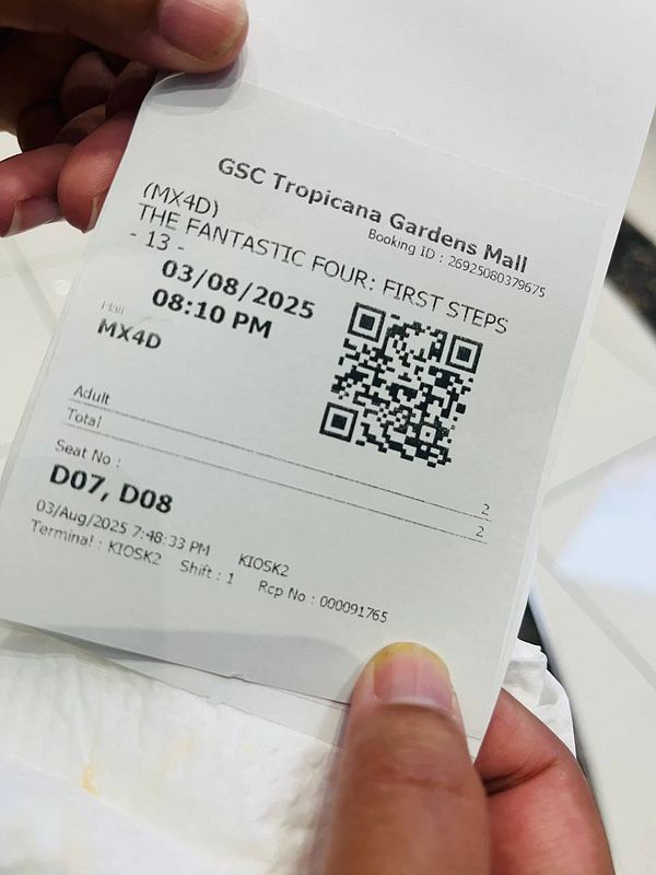 A movie ticket for 'The Fantastic Four: First Steps' in 4D format.