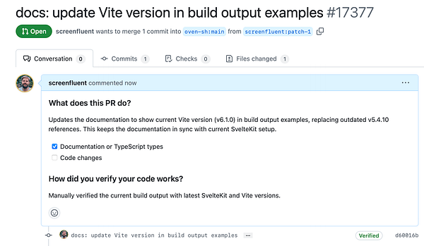 A GitHub pull request interface showing a comment about updating documentation for Vite version.