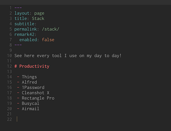 The image displays a code snippet for a personal website page layout titled 'Stack'.