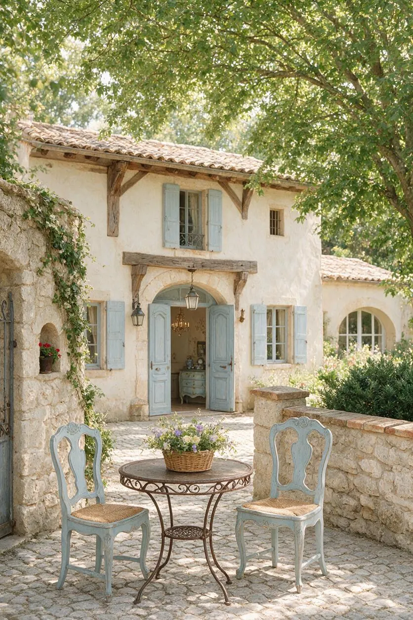 A charming French Country courtyard with a stucco house, weathered wood beams, pale blue shutters, and a tiled roof shaded by mature trees. In the foreground, two distressed blue chairs flank a round wrought iron table topped with a basket of flowers on a cobblestone patio.