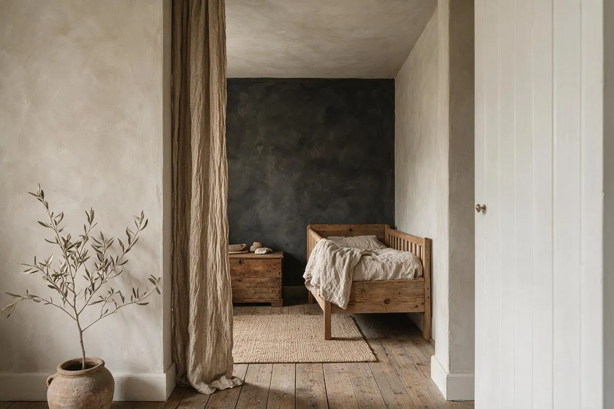 A serene nursery with a rustic wooden crib, textured neutral walls, and a dark charcoal accent wall at the back. A simple wooden chest, woven rug, and draped linen curtain add warmth, while a small potted olive branch sits on the left, creating an organic, minimalist atmosphere.