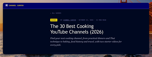 Webpage header introducing a guide titled 'The 30 Best Cooking YouTube Channels (2026)' from Channel Surfer.