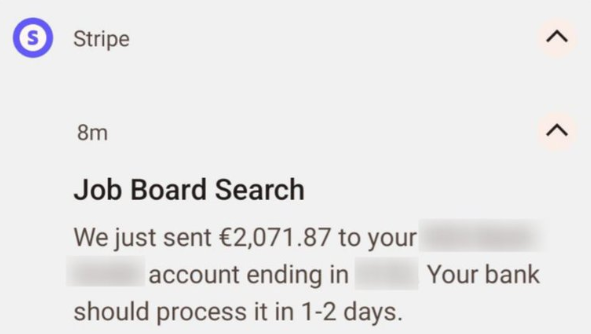 A notification from Stripe confirming a payment transaction.