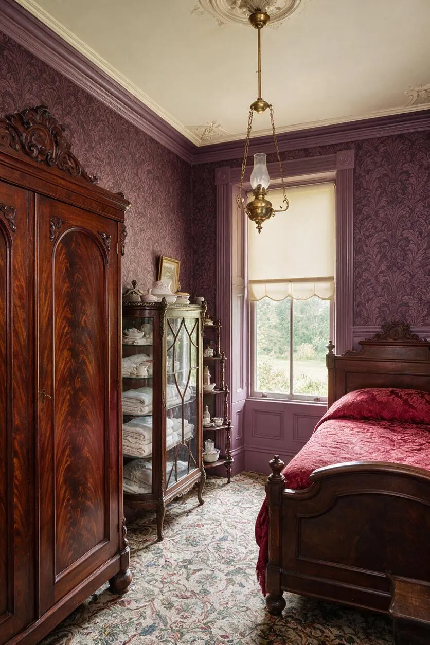 A Victorian-style guest bedroom with deep plum wallpaper, ornate crown molding, and dark carved wood furniture. The room includes a mahogany wardrobe, a glass-front cabinet, a brass hanging lamp, a patterned floral rug, and a dark wood bed dressed in rich red bedding beside a tall window with a cream shade.