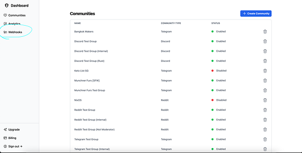 The image displays a dashboard interface for managing webhook communities.