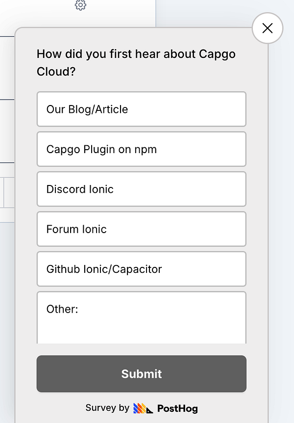 The image displays a survey modal asking users how they first heard about Capgo Cloud.