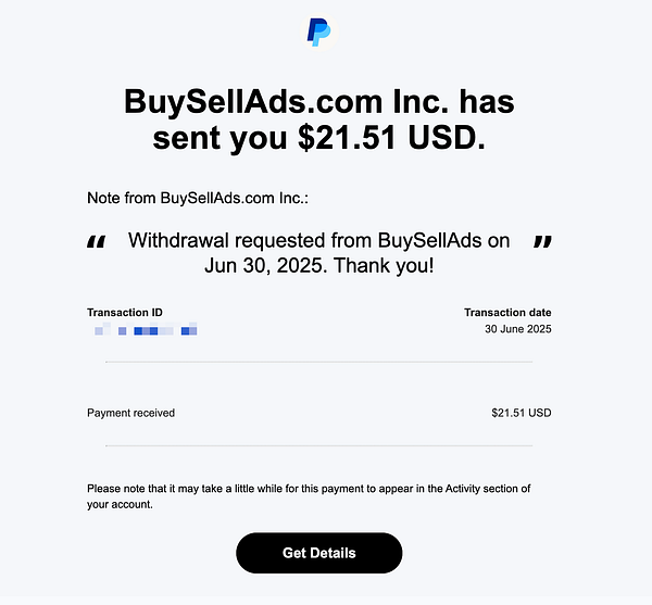 A PayPal notification confirming a payment of $21.51 from BuySellAds.com Inc.