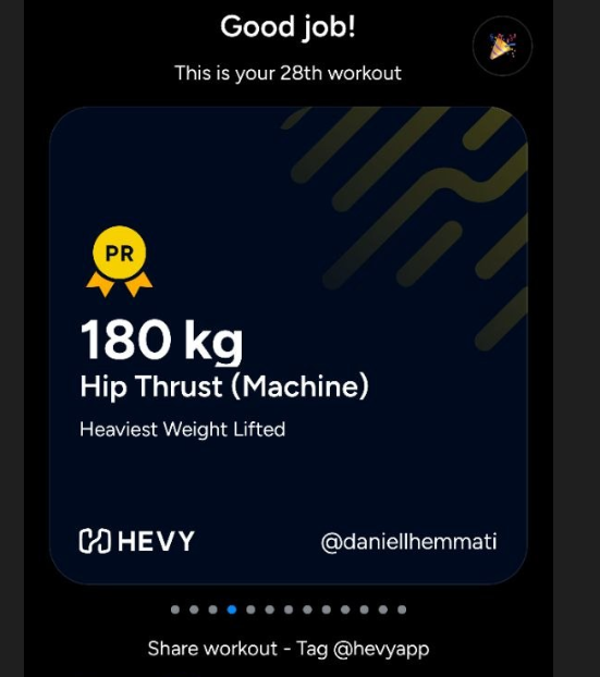 Workout app screen showing a personal record of 180 kg hip thrust on a machine during the 28th workout.