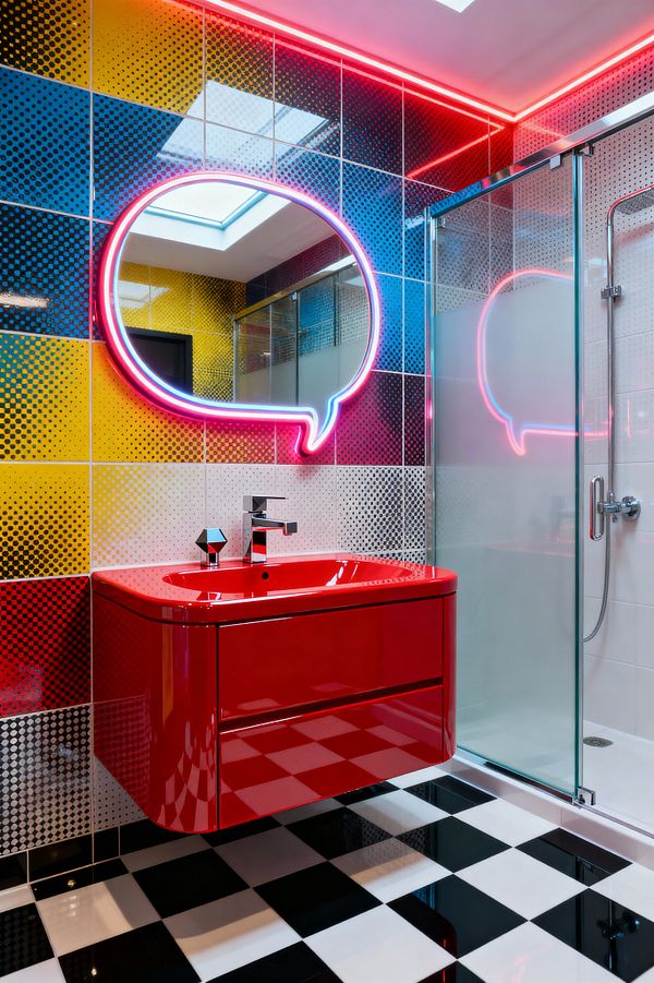 A Pop Art bathroom features primary-colored halftone wall tiles, a floating glossy red vanity with integrated sink and an angular chrome faucet, and a neon speech-bubble mirror that casts pink and blue light. A black-and-white checkered floor leads to a clear glass shower with chrome fittings and white tile walls, while a perimeter LED strip and a skylight brighten the compact space.