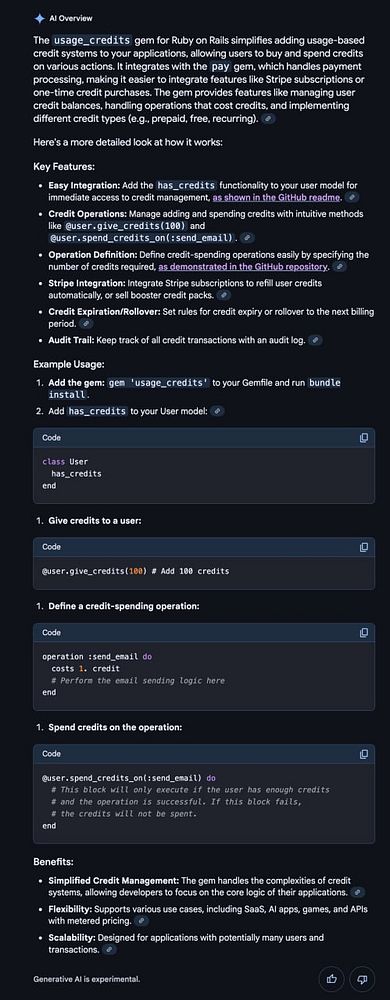 The image presents an overview of the 'usage_credits' gem for Ruby on Rails, detailing its features and example usage.