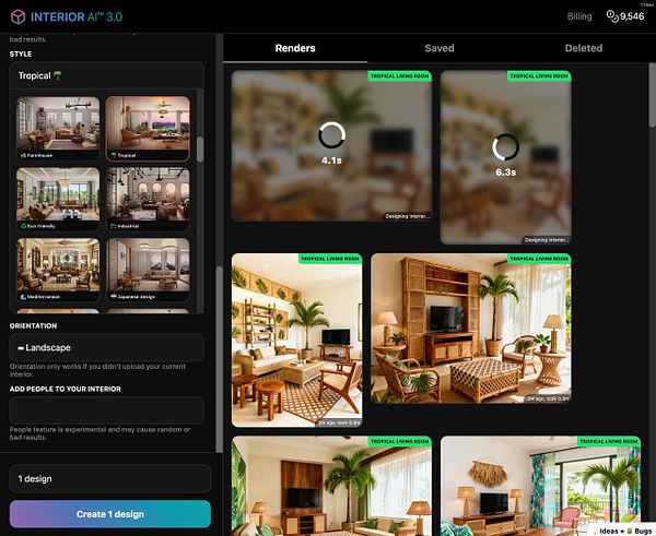 The image displays a user interface for the Interior AI application, showcasing various design styles and rendering options for a tropical living room.