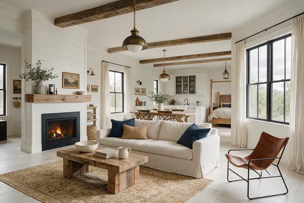 A bright studio apartment combines a living area, dining space, and sleeping nook in an open farmhouse layout. The room features exposed wood ceiling beams, a white shiplap fireplace with a lit fire, a cream slipcovered sofa, rustic wood coffee table, and large black-framed windows with light curtains.