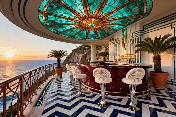 A clifftop patio bar overlooks the sea at sunset beneath a vast turquoise and amber stained-glass dome. A curved burgundy lacquer bar with brass trim faces chrome pedestal stools with cream, fan-shaped backs; cobalt-and-white chevron floor tiles, a fluted column, mirrored brass-accented backbar, bronze geometric railing, and potted palms in terracotta pots complete the Art Deco setting against the rocky coastline.