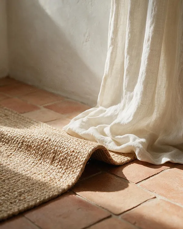 A close-up of a Mediterranean-style interior showing soft cream linen curtains pooling onto terracotta floor tiles beside a natural woven jute rug. Warm sunlight highlights the textures, creating a calm, earthy, and rustic atmosphere.