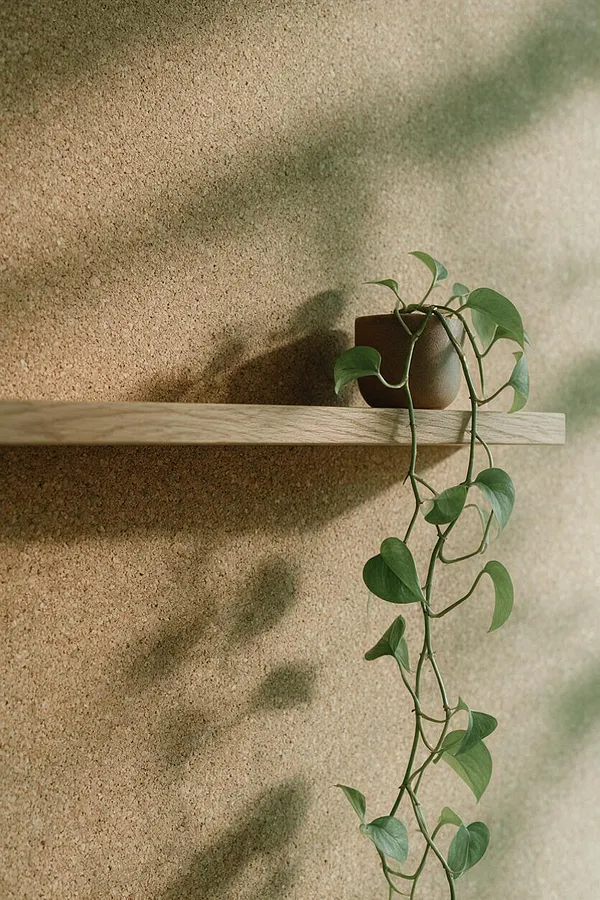 A minimalist biophilic interior detail featuring a textured cork wall, a slim light wood floating shelf, and a small brown planter holding a trailing green vine. Soft natural light creates gentle shadows across the warm neutral surface.