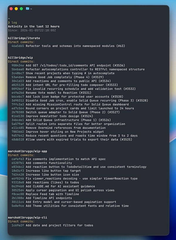 Screenshot of a command-line interface listing GitHub pull requests merged to the main branch with details such as PR number, title, branches, and merge time.