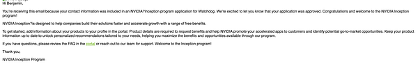 An email notification confirming acceptance into the NVIDIA Inception program.