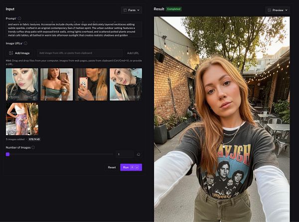 The image displays a user interface for a photo AI application, showcasing input images and a resulting photo of a person.