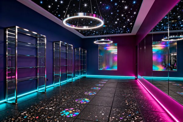 A home gym with a black starry ceiling and two large chrome ring pendant lights. Deep indigo and magenta walls are trimmed with cyan and pink LED strips. The left wall has chrome-framed glass shelving; the right wall is fully mirrored. The floor is black rubber speckled like terrazzo with iridescent circular inlays. A holographic wall panel at the back reflects neon colors, creating a vivid, futuristic glow.