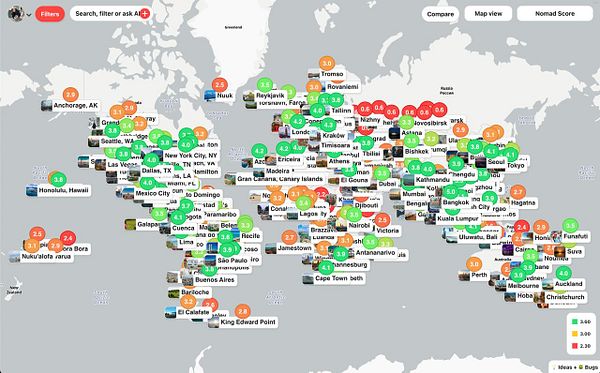 A world map displaying various cities with color-coded nomad scores and thumbnails indicating locations, along with search, filter, and view options.