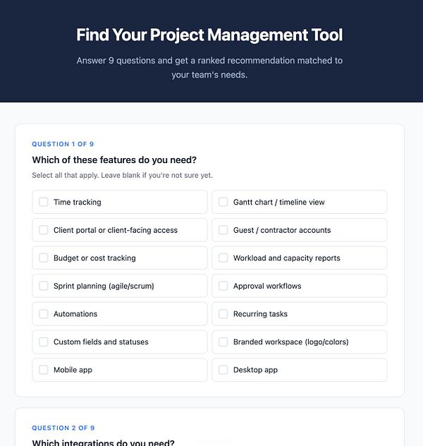 Comparison table of project management tools highlighting features and target user types.