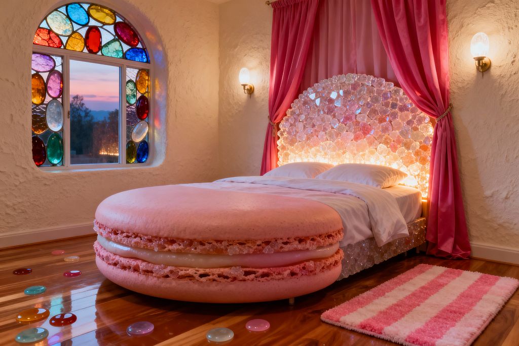 A whimsical bedroom styled like Candy Land features a bed with a backlit headboard made of translucent, candy-like discs, framed by bubblegum-pink drapery. A giant pink macaron ottoman sits on glossy wood floors scattered with glass candy dots, beside a pink-and-white striped rug; textured cream walls hold brass sconces with frosted globes, and an arched window inset with jewel-toned stained glass ovals glows with sunset light.