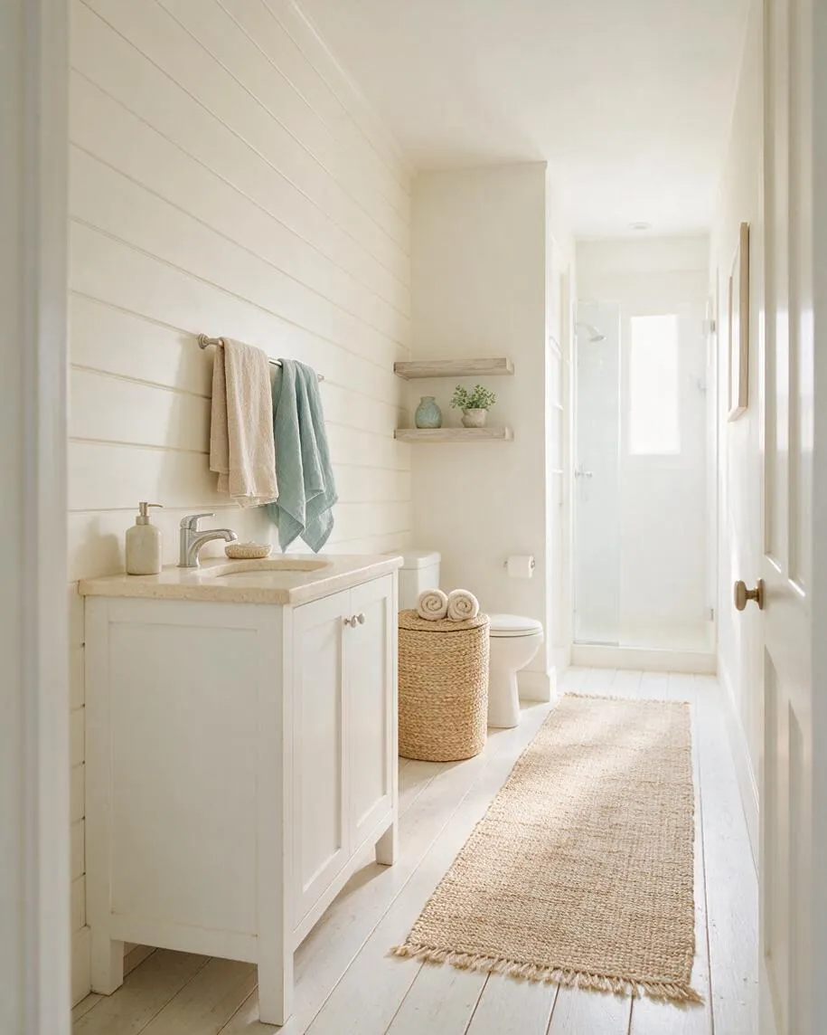 A bright coastal-style master bathroom with white shiplap walls, a small white vanity with a light stone top, and a chrome faucet. A woven basket, textured runner rug, and soft blue and beige towels add natural warmth, while a glass shower and simple shelves keep the space airy.