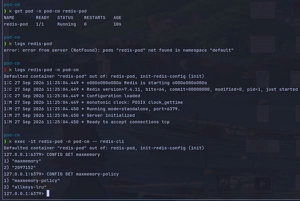 Terminal output showing Kubernetes commands managing a Redis pod and checking its configuration.