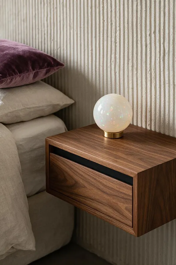 A modern bedroom vignette shows a floating walnut nightstand beside a bed with beige linens and a plum velvet pillow. A small opalescent globe lamp sits on top, set against a vertically ridged cream wall that adds texture.