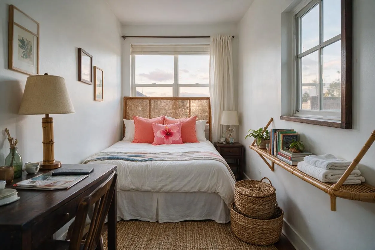 A small tropical-style studio apartment bedroom with a rattan headboard, white bedding, and coral pink accent pillows centered between two windows. Bamboo and woven textures appear in the lamp, wall shelf, baskets, and rug, creating a warm, airy, relaxed feel.