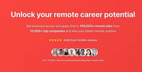 The image promotes a platform for remote job opportunities with user testimonials and ratings.