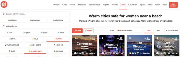 The image displays a webpage listing warm cities safe for women near a beach.
