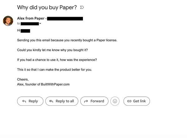 An email draft asking customers about their experience with a product called Paper.