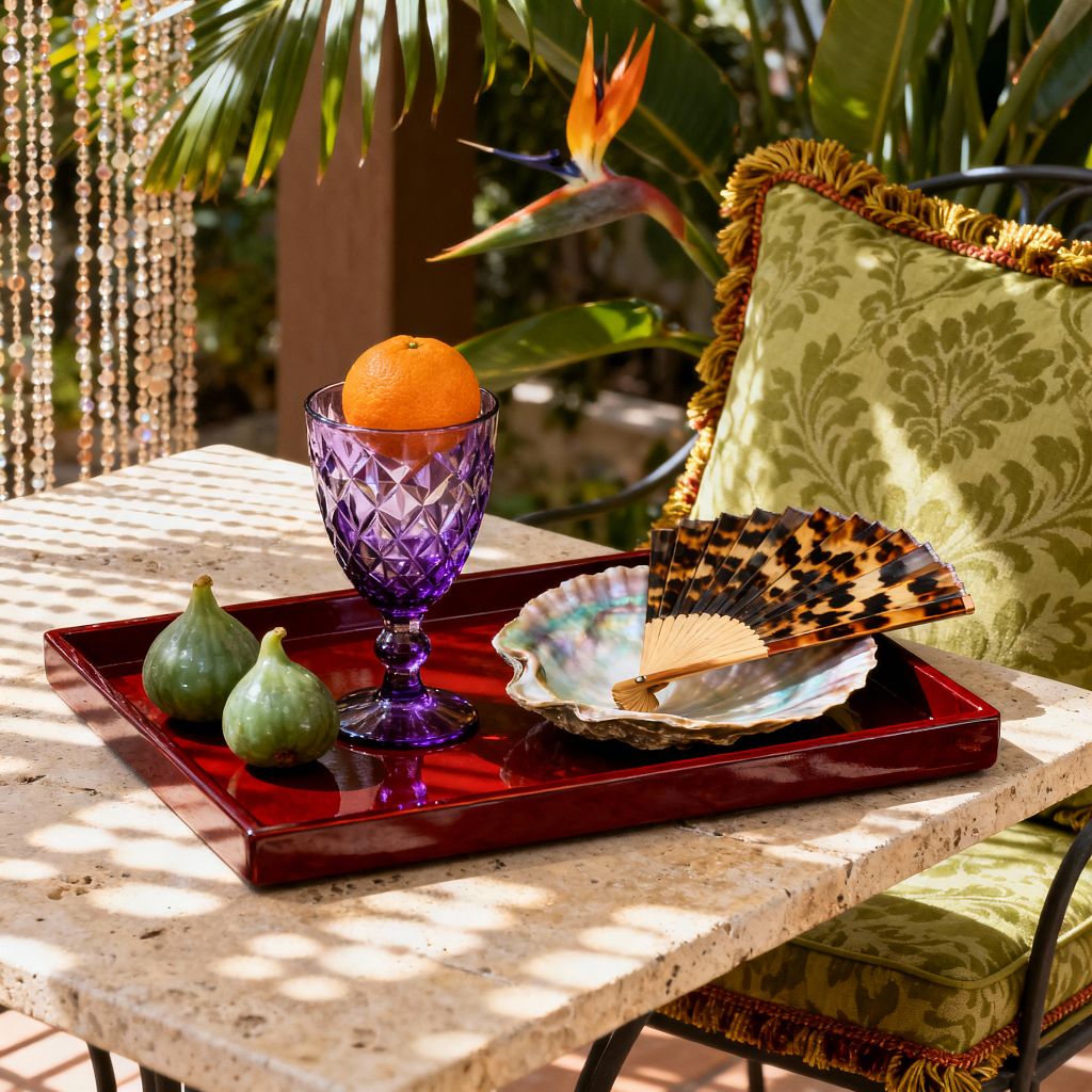 A sunlit patio vignette shows a beige travertine table with a glossy red tray holding an amethyst cut-glass goblet topped with an orange, two green figs, and an iridescent shell dish with a tortoiseshell-patterned hand fan. A wrought-iron chair with a light olive damask cushion trimmed in gold fringe sits nearby, framed by palm leaves, a bird-of-paradise flower, and a curtain of crystal beads casting dappled shadows.