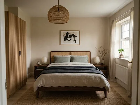 After: A bedroom, before and after being restyled as Japandi