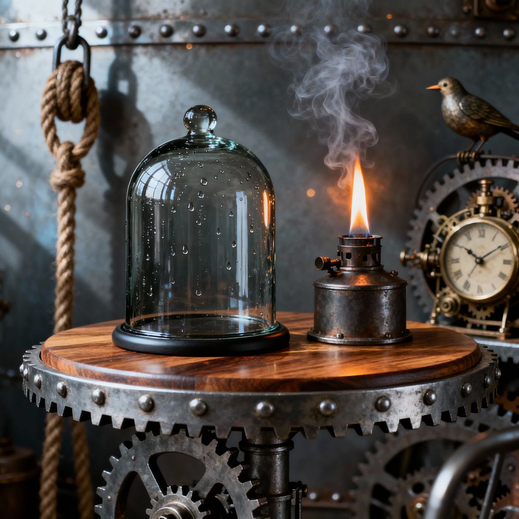 A close-up of a steampunk patio vignette shows a round wood-topped table ringed with exposed metal gears and rivets. On the surface, a clear glass cloche beaded with condensation sits beside a small weathered metal oil burner with a tall orange flame and wisps of smoke. Behind, a riveted steel wall, a loop of thick jute rope, and a brass clock with interlocking gears and a small bird figurine complete the industrial scene.