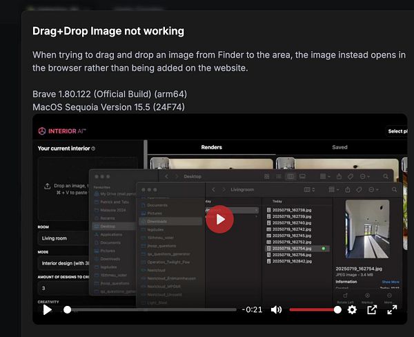 The image depicts a screenshot of a user interface for the Interior AI application, highlighting a drag-and-drop issue with image files.