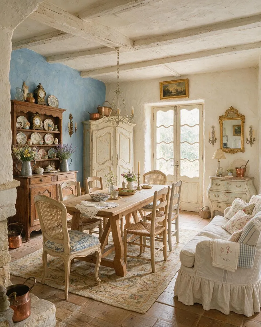 A cozy French Country basement dining room with a rustic wooden table, cane-back chairs, and a distressed painted cabinet against a blue accent wall. Soft cream walls, a white chandelier, an ornate mirror, and a slipcovered sofa create a warm, lived-in atmosphere.