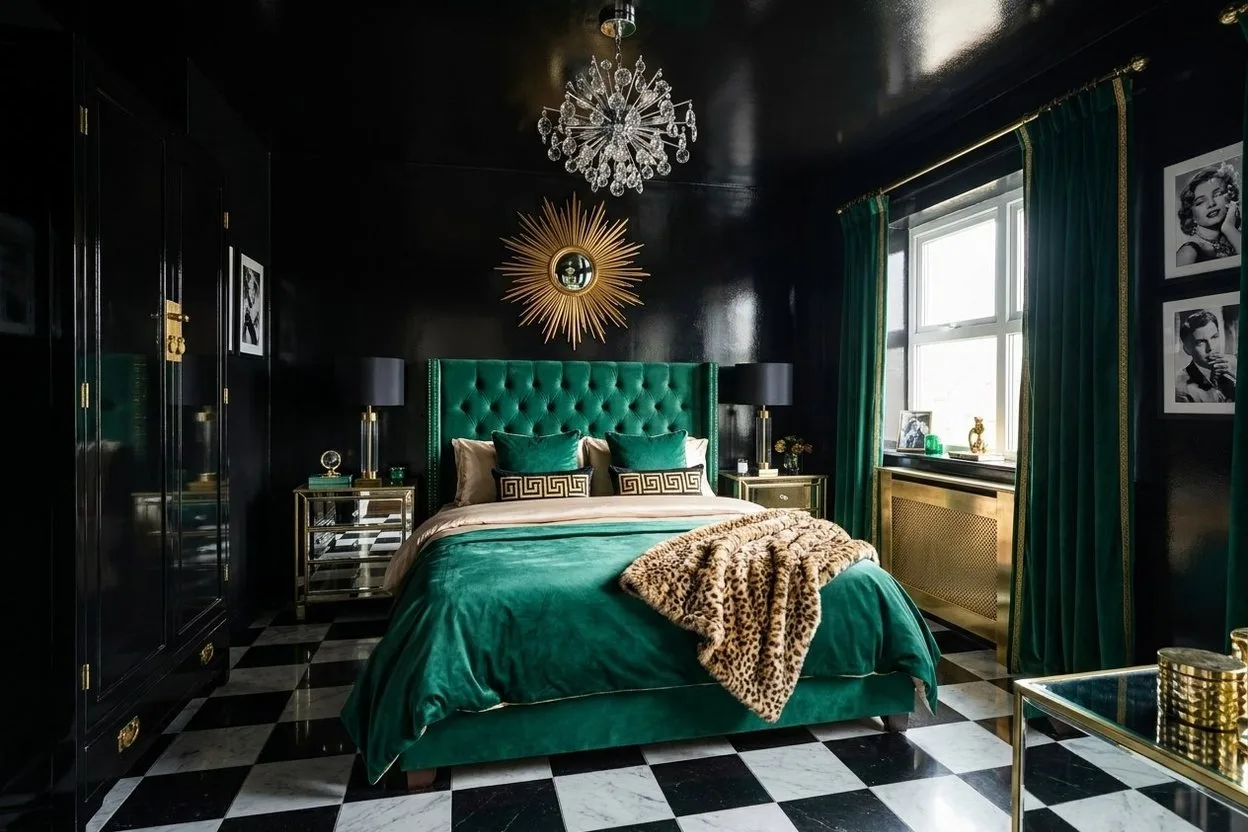 The same bedroom in the Hollywood Regency style