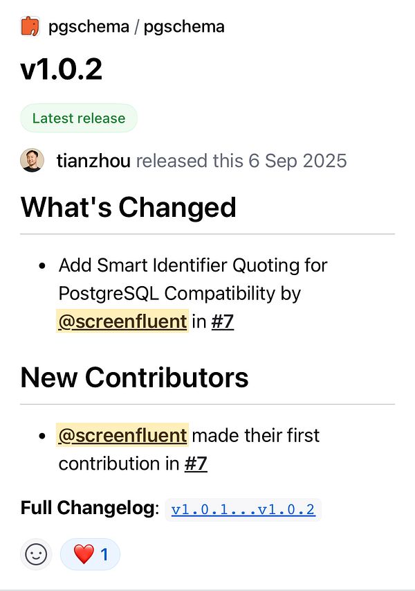 The image displays a GitHub release note for version 1.0.2 of the 'pgschema' project.