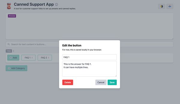 The image displays a user interface for the Canned Support App, featuring an FAQ editing modal.