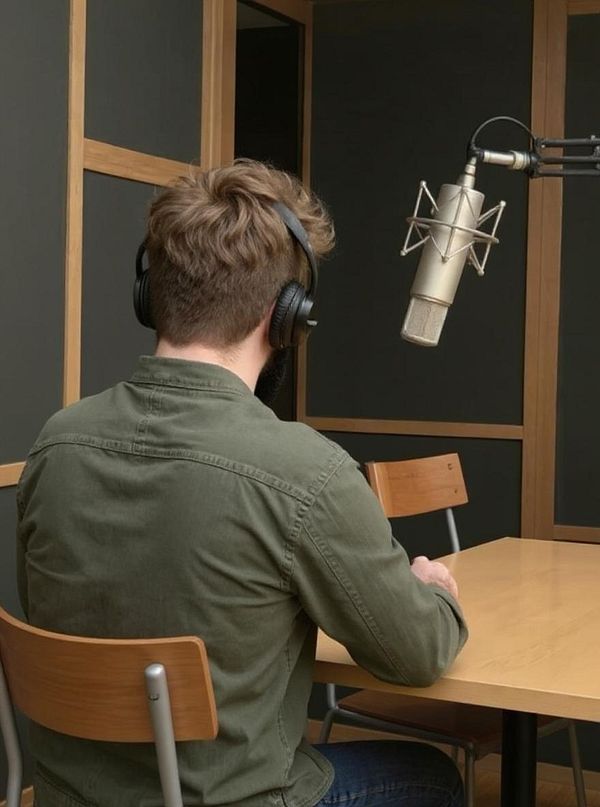 A person with headphones is seated at a table in a recording studio, facing a microphone.