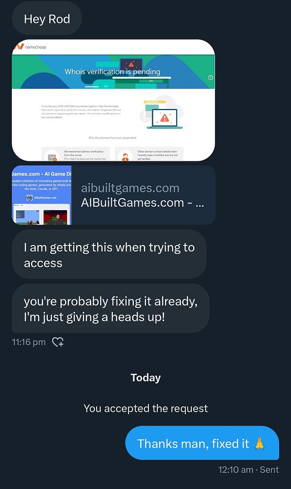 A conversation about a website issue related to domain verification.