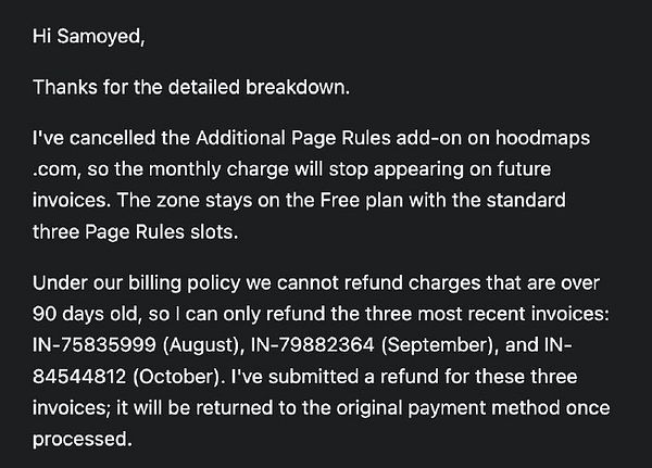 A message from Cloudflare support addressing cancellation of Page Rules add-on and partial refund details for hoodmaps.com.