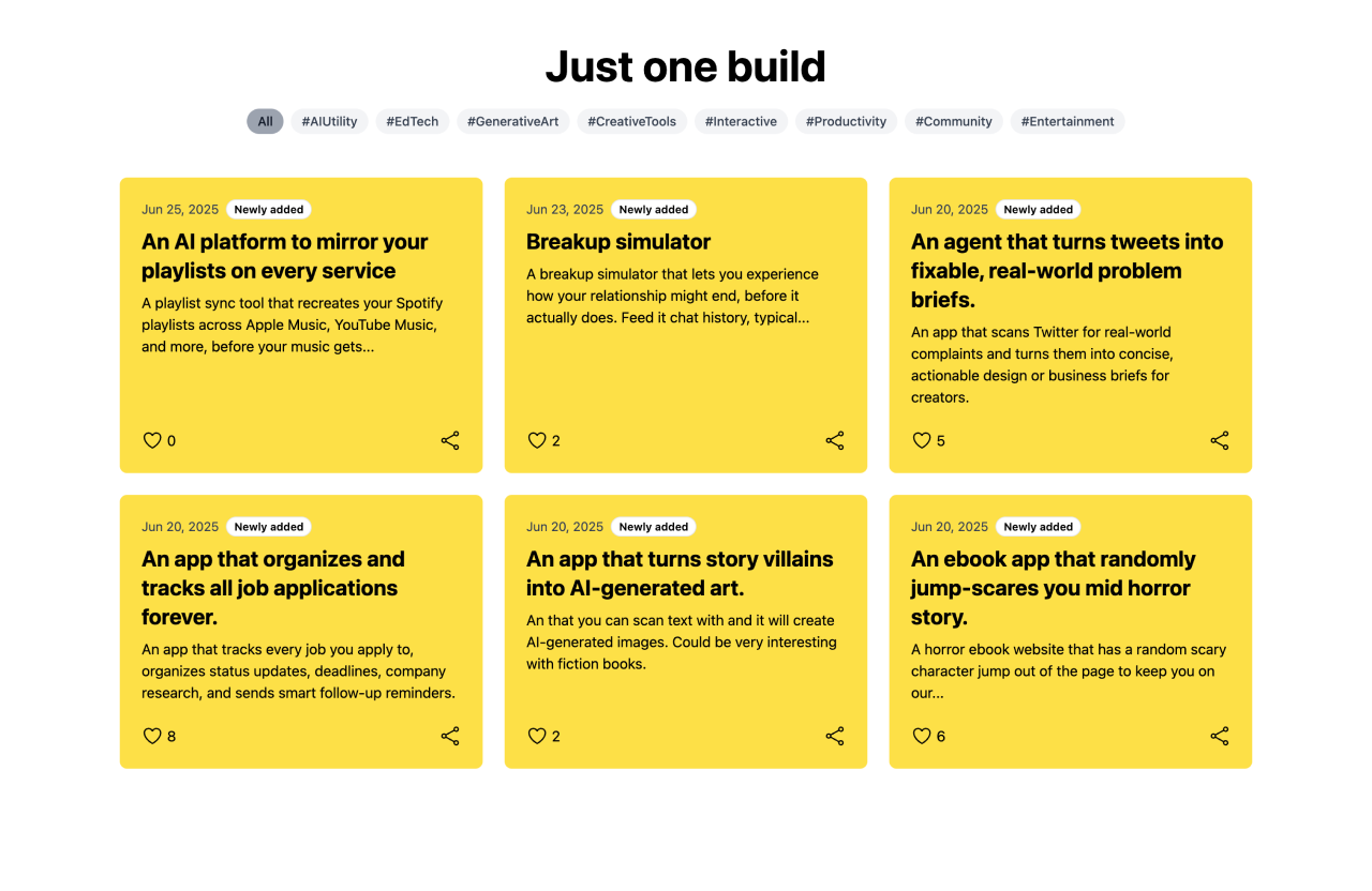 Just one build: Unlimited no-code ideas for vibecoders