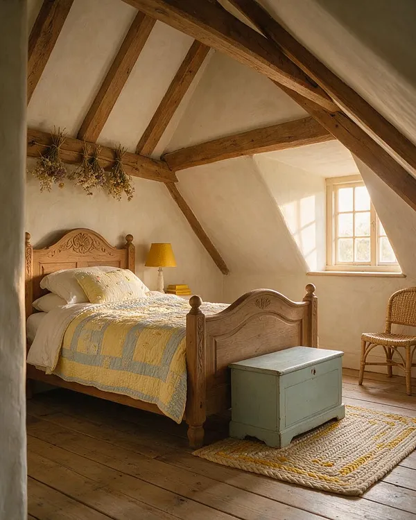 A cozy attic-style kids' room with exposed wooden ceiling beams, a carved wooden bed, and soft cream walls. Sunlight enters through a small paned window, illuminating a woven chair, a pale painted chest, and a textured yellow-and-blue quilt on the bed.
