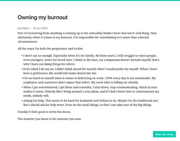 A personal reflection on burnout and self-responsibility is presented in a blog post format.